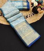 Light blue pure silk printed zari work saree with blouse