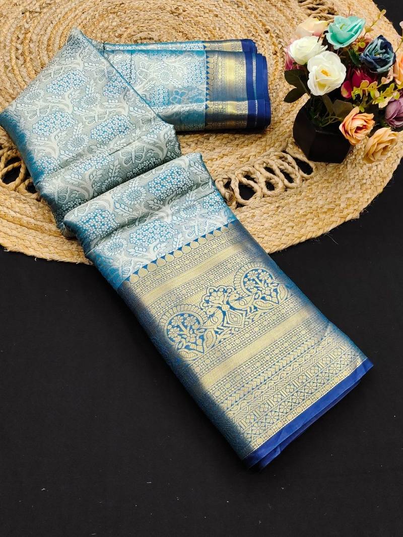 Light blue pure silk printed zari work saree with blouse