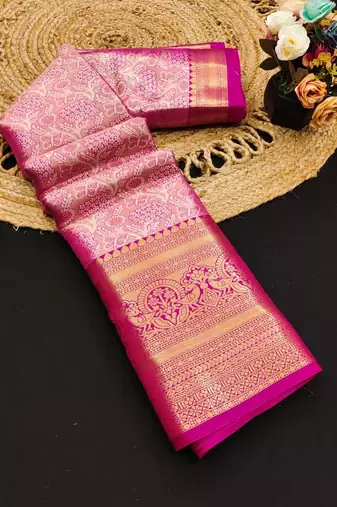 Pink pure silk printed zari work saree with blouse