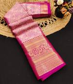 Pink pure silk printed zari work saree with blouse