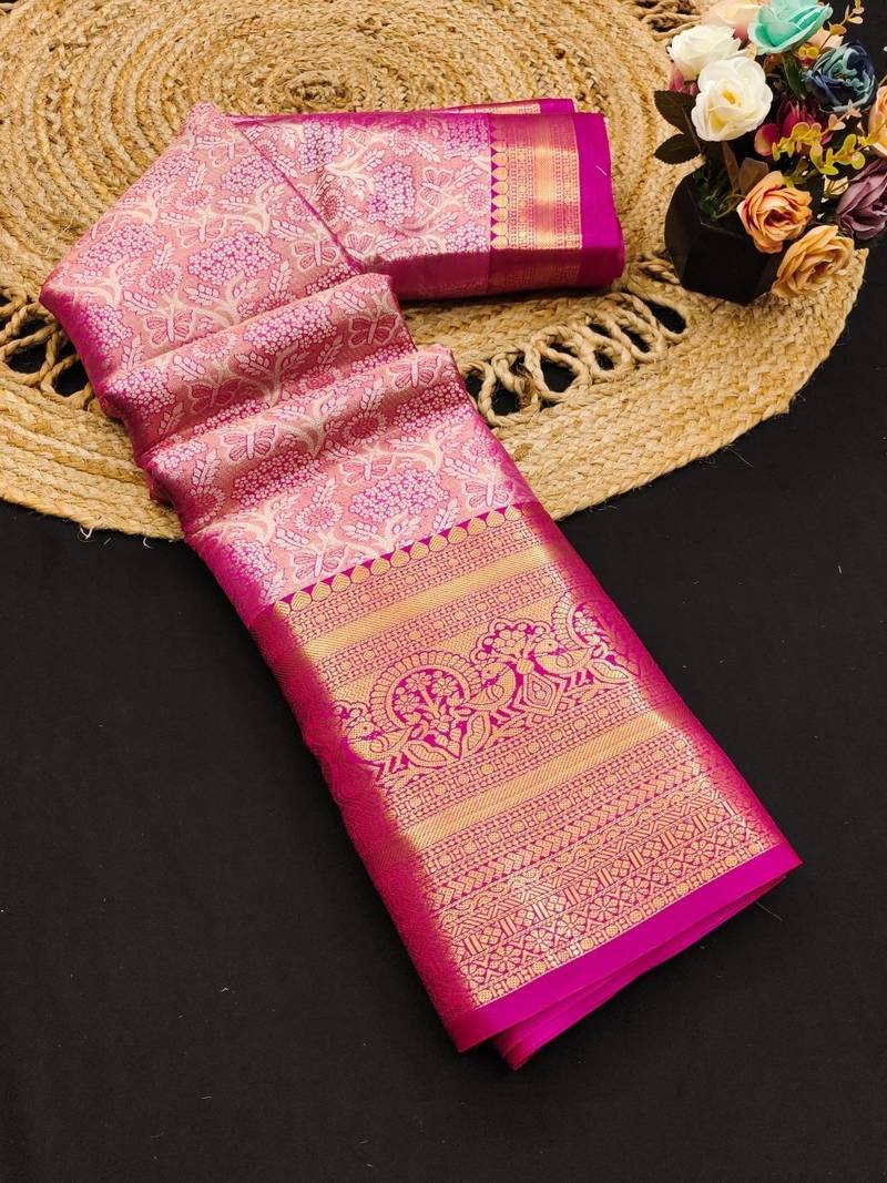 Pink pure silk printed zari work saree with blouse