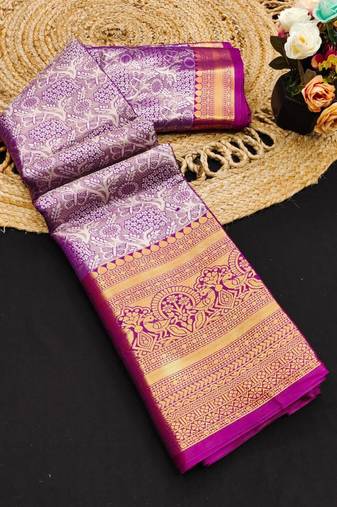 Purple pure silk printed zari work saree with blouse