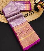 Purple pure silk printed zari work saree with blouse