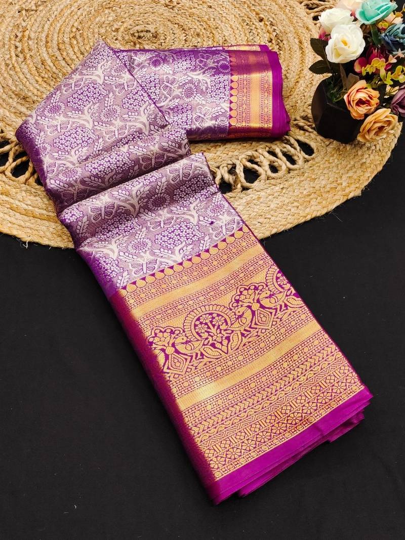 Purple pure silk printed zari work saree with blouse