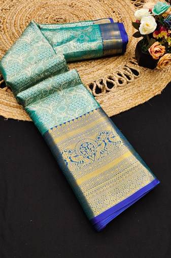 Dark green pure silk printed zari work saree with blouse