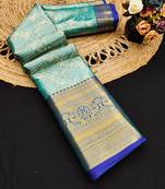 Dark green pure silk printed zari work saree with blouse