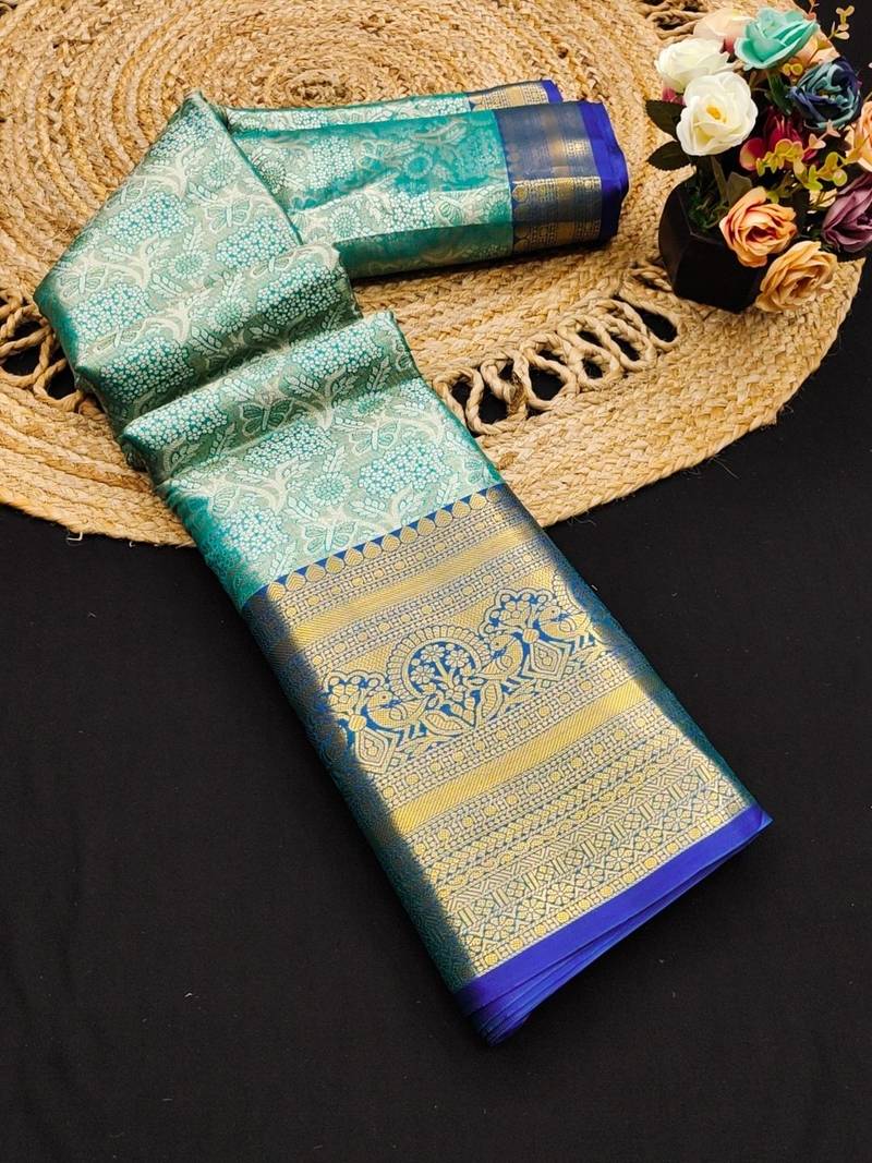 Dark green pure silk printed zari work saree with blouse