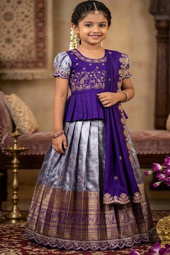 Kids purple simmer silk zari weaving pavadai lehenga choli set