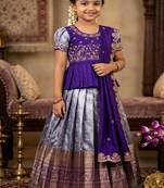Kids purple simmer silk zari weaving pavadai lehenga choli set