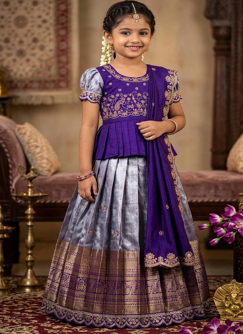 Kids purple simmer silk zari weaving pavadai lehenga choli set