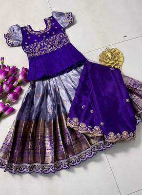 Kids purple simmer silk zari weaving pavadai lehenga choli set 2