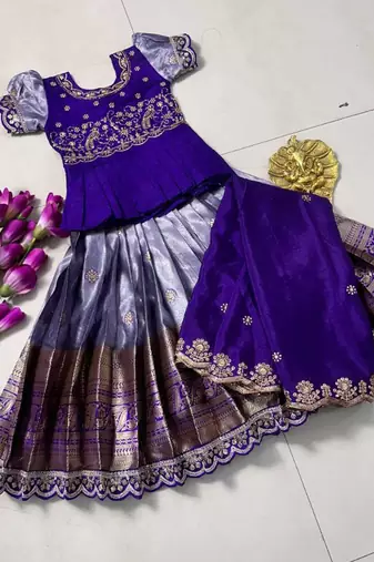 Kids purple simmer silk zari weaving pavadai lehenga choli set