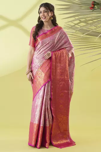 Pink silk blend woven zari work saree with blouse