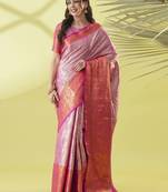 Pink silk blend woven zari work saree with blouse