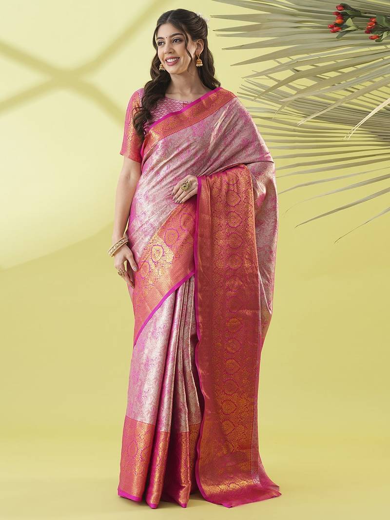 Pink silk blend woven zari work saree with blouse