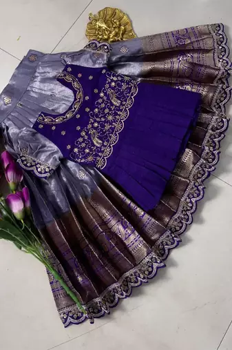 Kids purple simmer silk zari weaving pavadai lehenga choli set