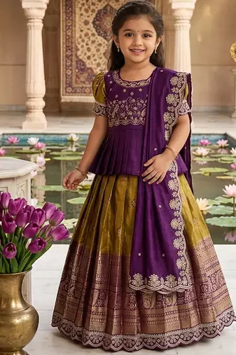 Kids mustard simmer silk zari weaving pavadai lehenga choli set