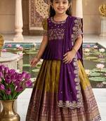 Kids mustard simmer silk zari weaving pavadai lehenga choli set