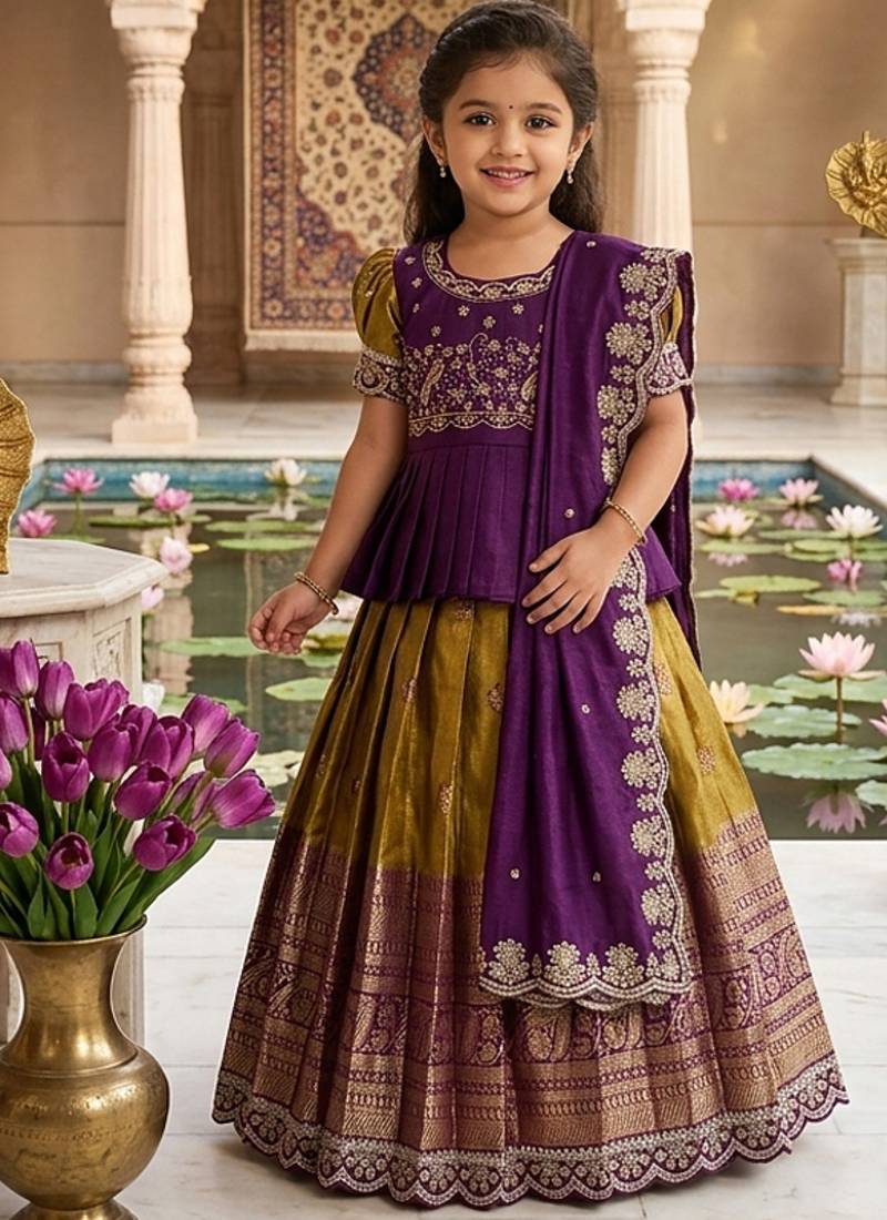 Kids mustard simmer silk zari weaving pavadai lehenga choli set