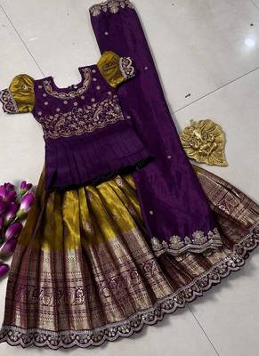 Kids mustard simmer silk zari weaving pavadai lehenga choli set 2