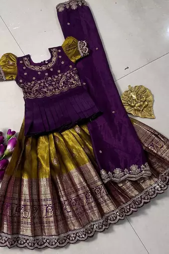 Kids mustard simmer silk zari weaving pavadai lehenga choli set