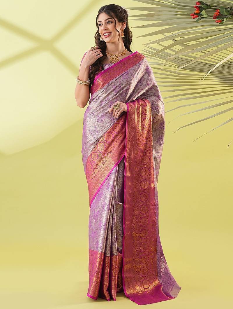 Purple silk blend woven zari work saree with blouse