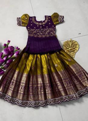 Kids mustard simmer silk zari weaving pavadai lehenga choli set 3