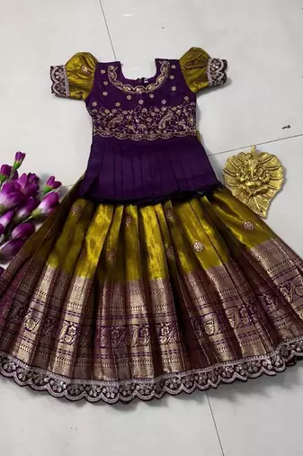 Kids mustard simmer silk zari weaving pavadai lehenga choli set