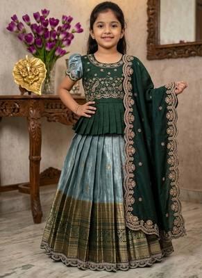 Kids seagreen simmer silk zari weaving pavadai lehenga choli set 1