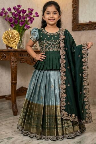 Kids seagreen simmer silk zari weaving pavadai lehenga choli set