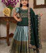 Kids seagreen simmer silk zari weaving pavadai lehenga choli set