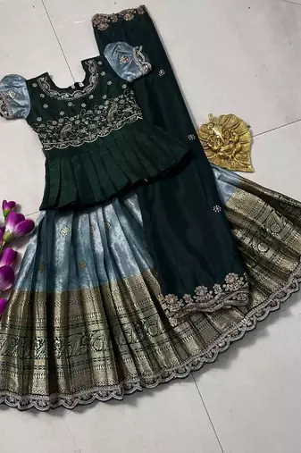 Kids seagreen simmer silk zari weaving pavadai lehenga choli set
