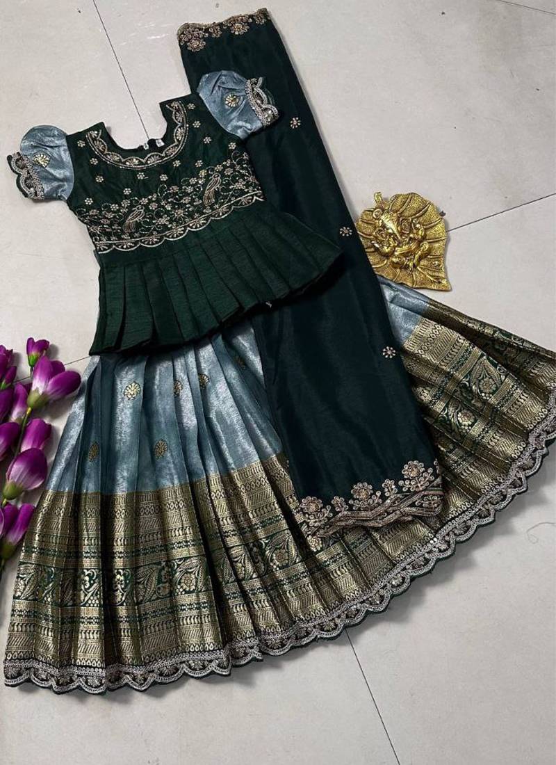 Kids seagreen simmer silk zari weaving pavadai lehenga choli set