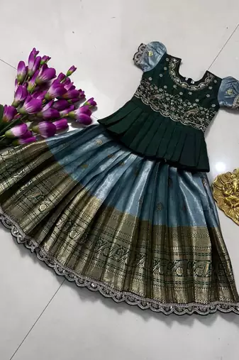 Kids seagreen simmer silk zari weaving pavadai lehenga choli set