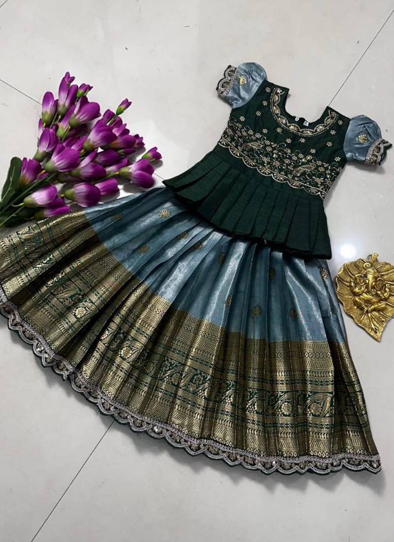 Kids seagreen simmer silk zari weaving pavadai lehenga choli set