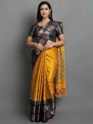 Gold black blended cotton woven zari work saree with blouse 1