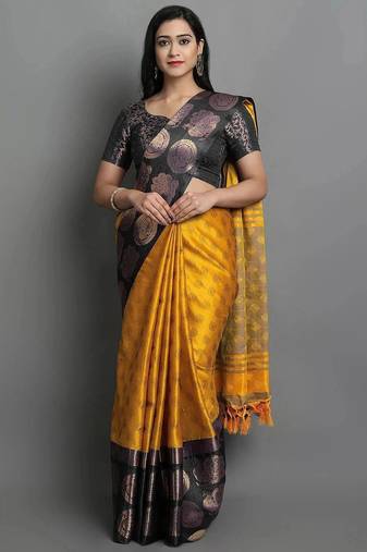 Gold black blended cotton woven zari work saree with blouse