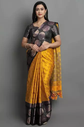 Gold black blended cotton woven zari work saree with blouse