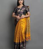 Gold black blended cotton woven zari work saree with blouse