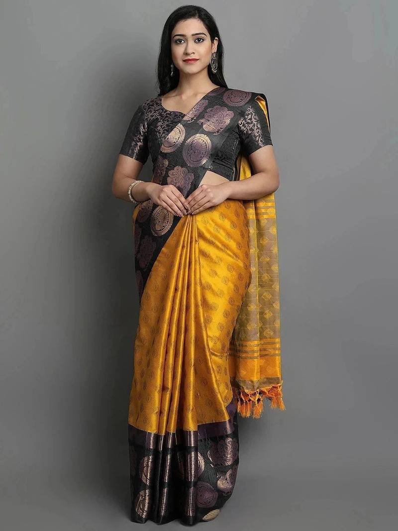 Gold black blended cotton woven zari work saree with blouse