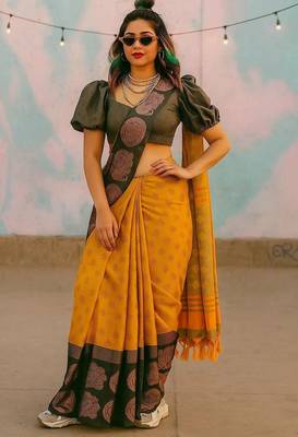 Gold black blended cotton woven zari work saree with blouse 2