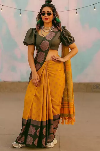Gold black blended cotton woven zari work saree with blouse