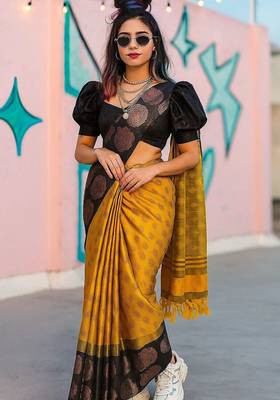 Gold black blended cotton woven zari work saree with blouse 3