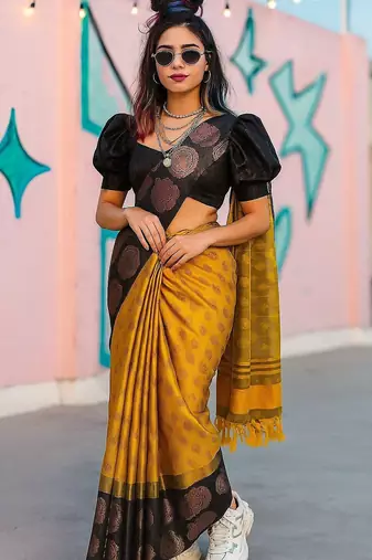 Gold black blended cotton woven zari work saree with blouse