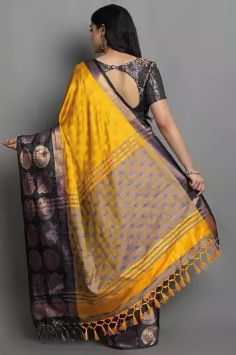 Gold black blended cotton woven zari work saree with blouse