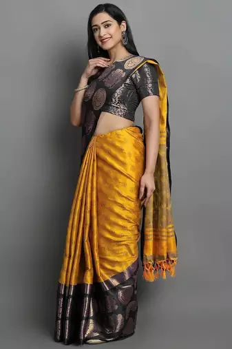 Gold black blended cotton woven zari work saree with blouse