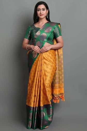 Gold green blended cotton woven zari work saree with blouse