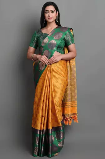 Gold green blended cotton woven zari work saree with blouse