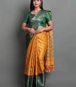 Gold green blended cotton woven zari work saree with blouse