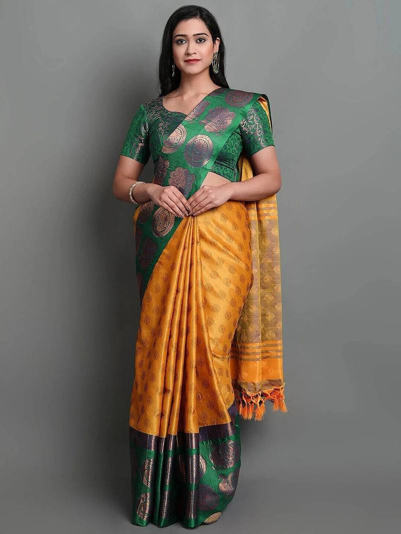 Gold green blended cotton woven zari work saree with blouse